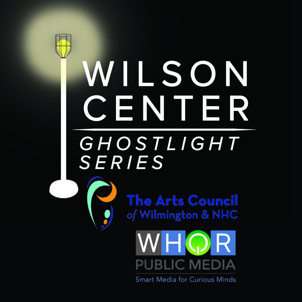 Ghostlight Series logo in white, with Arts Council of Wilmington and WHQR logos